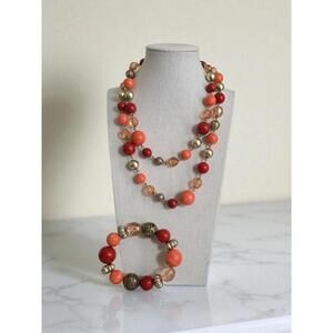 Vintage Red, Salmon & Gold Beaded Necklace and Bracelet Set – Retro Jewelry Pair